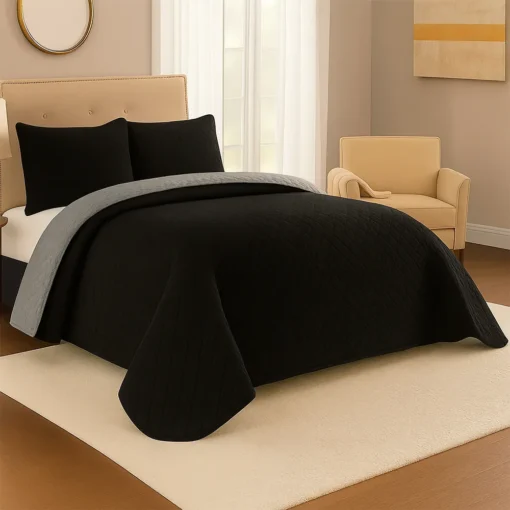 Combo Fresh Gris Oscuro Premium + Juego de S banas + Colcha Negro-Gris en Microfibra Casa LiLe