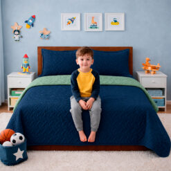 Cubrelecho Infantil Doble Faz Azul Oscuro y Verde Oliva