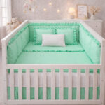 Combo Dulces Sueños Pequeñín Verde – Set Completo de Cuna con Bumper + Juego de Sábanas + Almohada + Cojines + Protector Antifluido