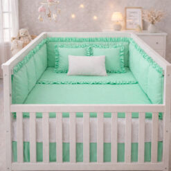 Combo Dulces Sueños Pequeñín Verde – Set Completo de Cuna con Bumper + Juego de Sábanas + Almohada + Cojines + Protector Antifluido