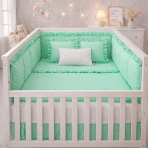 Combo Dulces Sueños Pequeñín Verde – Set Completo de Cuna con Bumper + Juego de Sábanas + Almohada + Cojines + Protector Antifluido