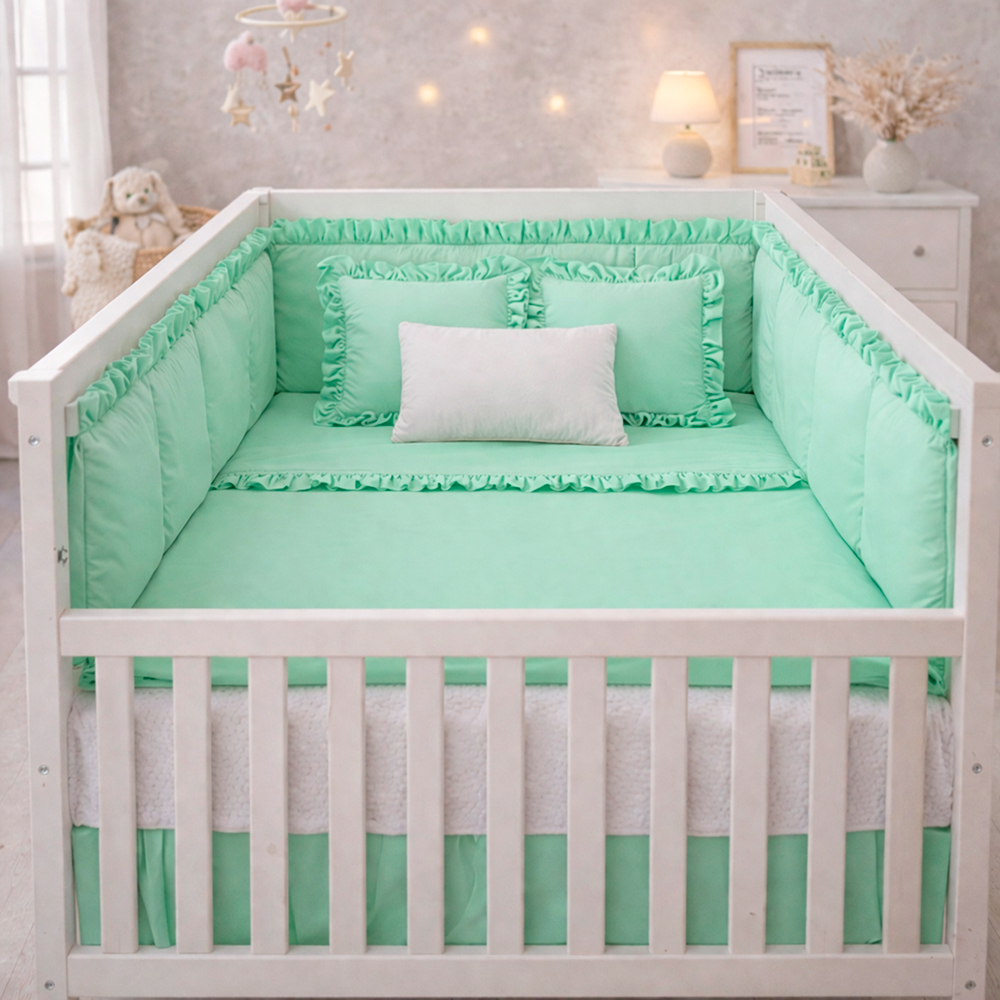 Combo Dulces Sueños Pequeñín Verde – Set Completo de Cuna con Bumper + Juego de Sábanas + Almohada + Cojines + Protector Antifluido