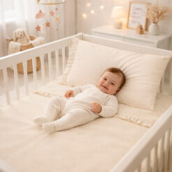 Juego de sábanas beige con boleros para cuna
