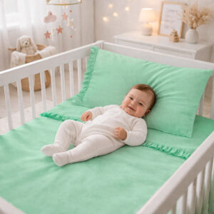 Juego de sábanas verde con boleros para cuna