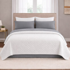 Combo Fresh Gris - Juego de Sábanas + Colcha Blanca en Microfibra