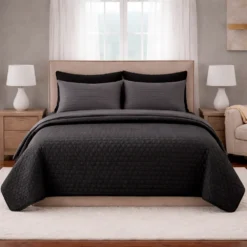 Combo Fresh Gris Oscuro Premium + Juego de S banas + Colcha Negro-Gris en Microfibra Casa LiLe