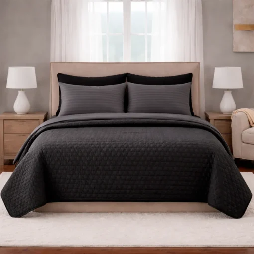 Combo Fresh Gris Oscuro Premium + Juego de S banas + Colcha Negro-Gris en Microfibra Casa LiLe