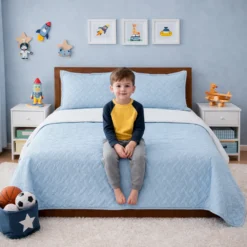 Cubrelecho Infantil Doble Faz Azul Celeste y Blanco Casa LiLe