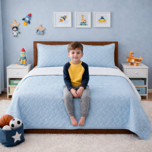 Cubrelecho Infantil Doble Faz Azul Celeste y Blanco