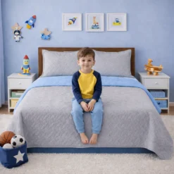 Cubrelecho Infantil Doble Faz Gris y Azul Celeste Casa LiLe