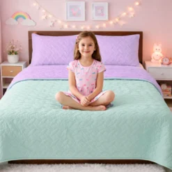 Cubrelecho Infantil Doble Faz Lila y Verde Menta Casa LiLe