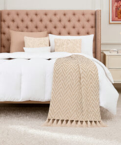 Pie de Cama Decorativo Zig Zag Beige con Flecos