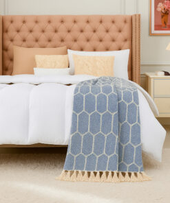 Pie de Cama Decorativo Rombo Azul con Flecos
