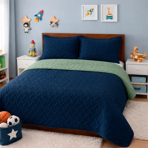 Cubrelecho Infantil Doble Faz Azul Oscuro y Verde Oliva Casa LiLe