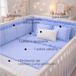 Combo Dulces Sue os Peque n Azul Set Completo de Cuna con Bumper + Juego de S banas + Almohada + Cojines + Protector Antifluido Casa LiLe