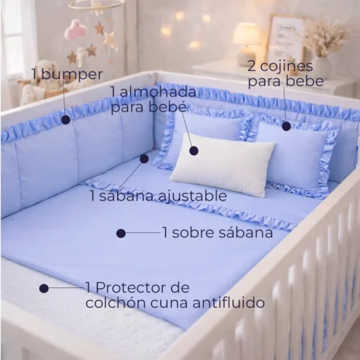 Combo Dulces Sue os Peque n Azul Set Completo de Cuna con Bumper + Juego de S banas + Almohada + Cojines + Protector Antifluido Casa LiLe