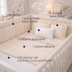 Combo Dulces Sue os Peque n Beige Set Completo de Cuna con Bumper + Juego de S banas + Almohada + Cojines + Protector Antifluido Casa LiLe