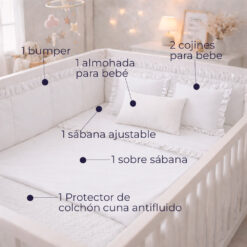 Alternative view of Combo Dulces Sueños Pequeñín Blanco – Set Completo de Cuna con Bumper + Juego de Sábanas + Almohada + Cojines + Protector Antifluido
