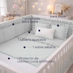Combo Dulces Sue os Peque n Gris Set Completo de Cuna con Bumper + Juego de S banas + Almohada + Cojines + Protector Antifluido Casa LiLe