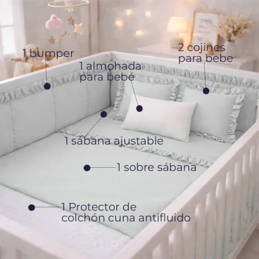 Combo Dulces Sue os Peque n Gris Set Completo de Cuna con Bumper + Juego de S banas + Almohada + Cojines + Protector Antifluido Casa LiLe