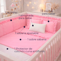 Alternative view of Combo Dulces Sueños Pequeñín Rosado – Set Completo de Cuna con Bumper + Juego de Sábanas + Almohada + Cojines + Protector Antifluido