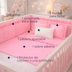 Combo Dulces Sue os Peque n Rosado Set Completo de Cuna con Bumper + Juego de S banas + Almohada + Cojines + Protector Antifluido Casa LiLe