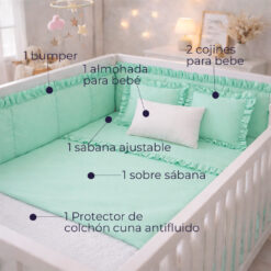 Alternative view of Combo Dulces Sueños Pequeñín Verde – Set Completo de Cuna con Bumper + Juego de Sábanas + Almohada + Cojines + Protector Antifluido
