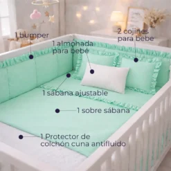 Combo Dulces Sue os Peque n Verde Set Completo de Cuna con Bumper + Juego de S banas + Almohada + Cojines + Protector Antifluido Casa LiLe