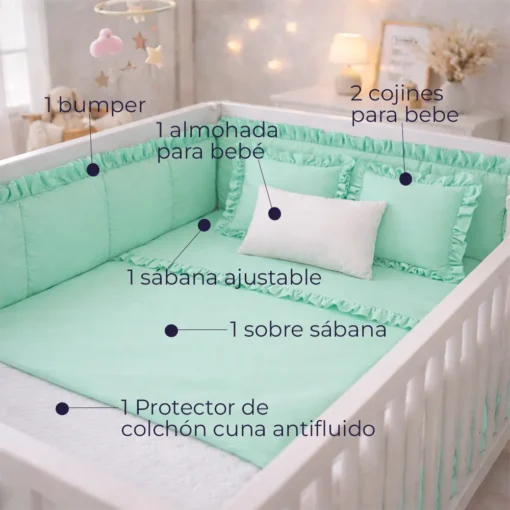 Combo Dulces Sue os Peque n Verde Set Completo de Cuna con Bumper + Juego de S banas + Almohada + Cojines + Protector Antifluido Casa LiLe