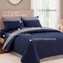 Combo Fresh Azul Oscuro + Juego de S banas + Colcha Azul-Gris en Microfibra Casa LiLe