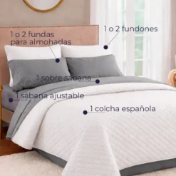 Combo Fresh Gris - Juego de S banas + Colcha Blanca en Microfibra Casa LiLe