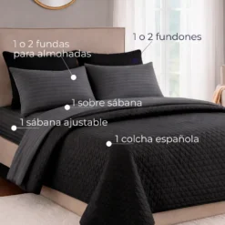 Combo Fresh Gris Oscuro Premium + Juego de S banas + Colcha Negro-Gris en Microfibra Casa LiLe