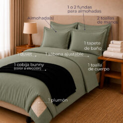 Alternative view of Combo Soltero 1000 Verde Oliva - Protector Antifluido, Plumón, Almohada(s), Juego Duvet, Cobija Bunny y Toallas