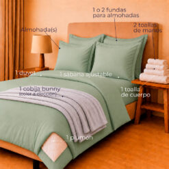 Alternative view of Combo Soltero 1000 Verde Oliva - Protector Antifluido, Plumón, Almohada(s), Juego Duvet, Cobija Bunny y Toallas