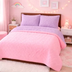 Combo Fresh Infantil Rosado/Lila Juego de S banas Rosado Embosadas + Cubrelecho Infantil Rosado/Lila Casa LiLe