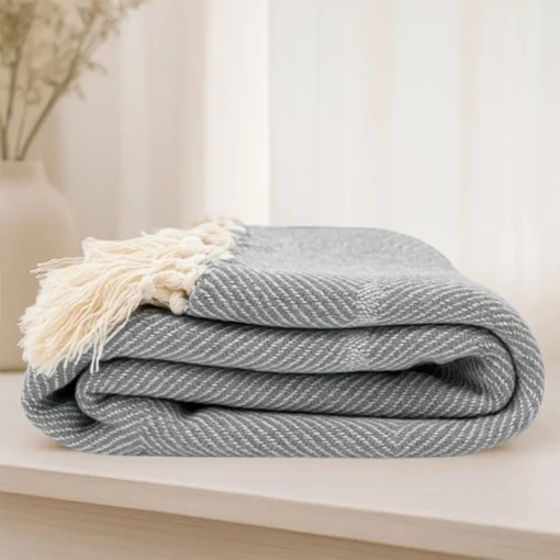 Pie de Cama Decorativo Rombo Azul Gris ceo con Flecos Casa LiLe