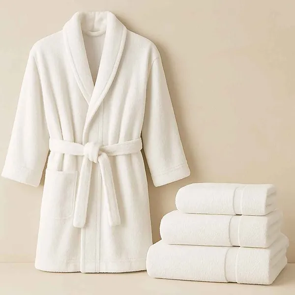 Bata de baño blanca con amarrador y juego de toallas 100% algodón para lencería de baño