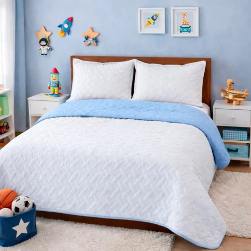 Combo Fresh Infantil Celeste/Blanco Juego de S banas Azul Cielo Embosadas + Cubrelecho Infantil Celeste/Blanco Casa LiLe
