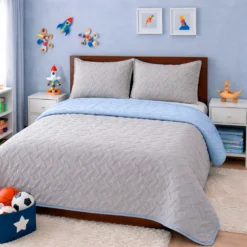 Cubrelecho Infantil Doble Faz Gris y Azul Celeste Casa LiLe