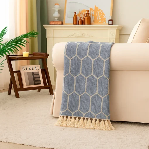 Pie de Cama Decorativo Rombo Azul con Flecos Casa LiLe