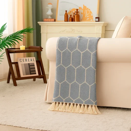 Pie de Cama Decorativo Rombo Azul Gris ceo con Flecos Casa LiLe
