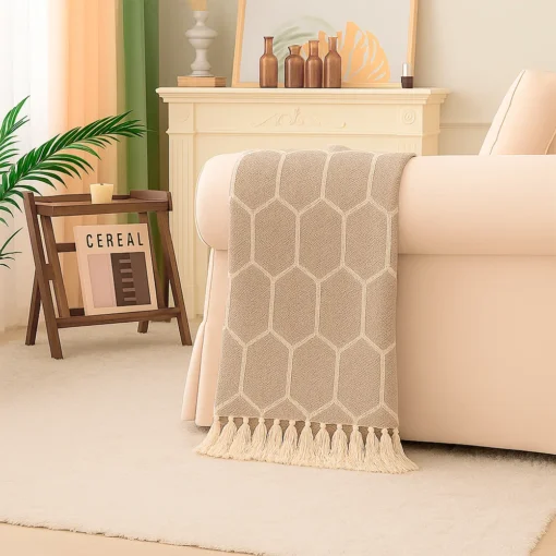 Pie de Cama Decorativo Rombo Beige con Flecos Casa LiLe