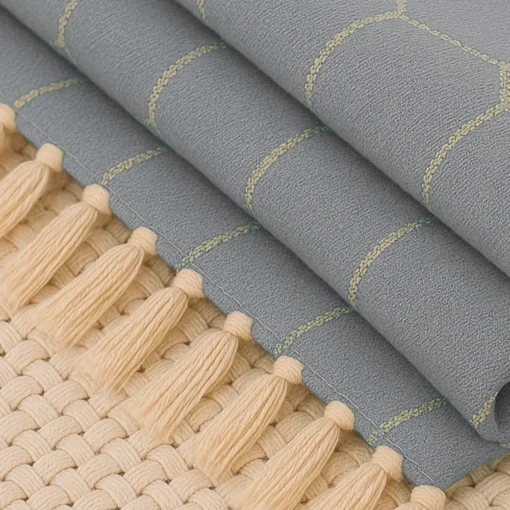 Pie de Cama Decorativo Rombo Azul Gris ceo con Flecos Casa LiLe