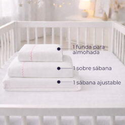 Alternative view of Juego de sábanas blanco con bordado rosado para cuna