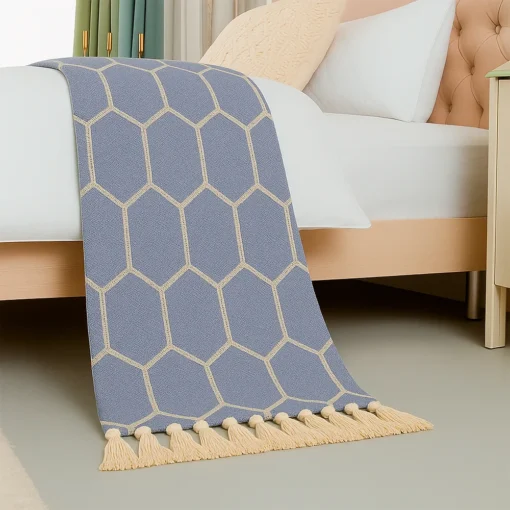 Pie de Cama Decorativo Rombo Azul con Flecos Casa LiLe