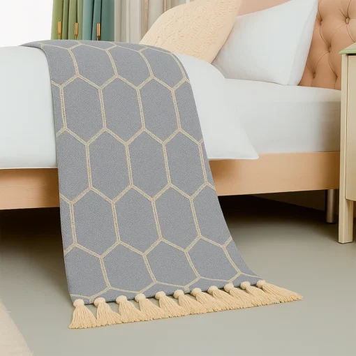 Pie de Cama Decorativo Rombo Azul Gris ceo con Flecos Casa LiLe