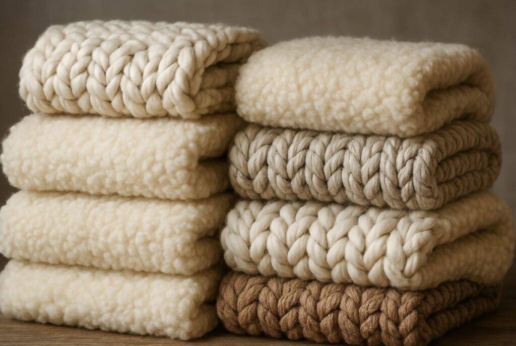 Diferentes tipos de cobijas ovejeras apiladas, incluyendo lana merino y shetland