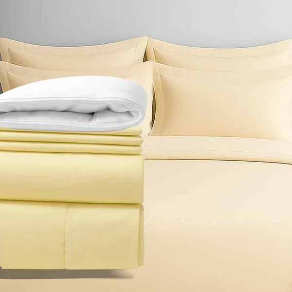 Combo de lencería de cama amarillos con juego de sábanas y plumón blanco