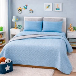 Combo Fresh Infantil Celeste/Gris Juego de S banas Azul Cielo Embosadas + Cubrelecho Infantil Celeste/Gris Casa LiLe