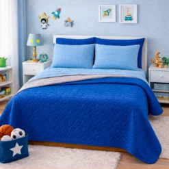 Combo Fresh Infantil Azul Rey/Gris Juego de S banas Azul Cielo Embosadas + Cubrelecho Infantil Azul Rey/Gris Casa LiLe